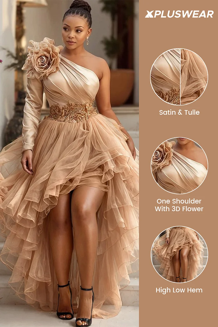 Xpluswear Design Plus Size Wedding Guest Tulle Champagne One Shoulder Long Sleeve Ruffle Elegant 3D Satin Mini Dresses [Pre-Order]