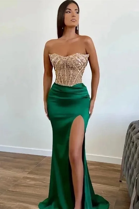 Cocoslly Strapless Long Split Mermaid Prom Dress With Beaded Embroidery Applique | Dark Green Satin ED0125