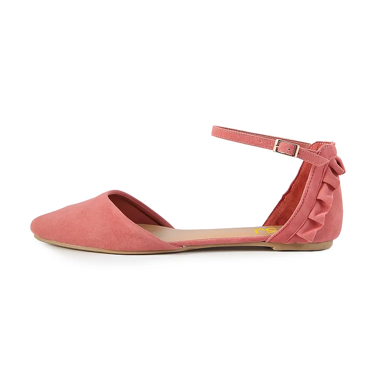 Blush Ruffle Pointy Toe Flats Ankle Strap Sandals |FSJ Shoes