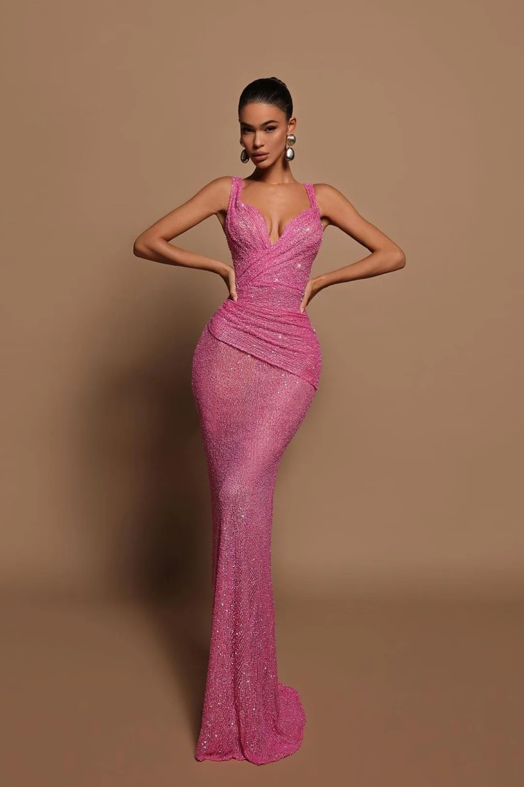 Sexy Pink Long Sequins Prom Dress V Neck Mermaid Sleeveless YL0268