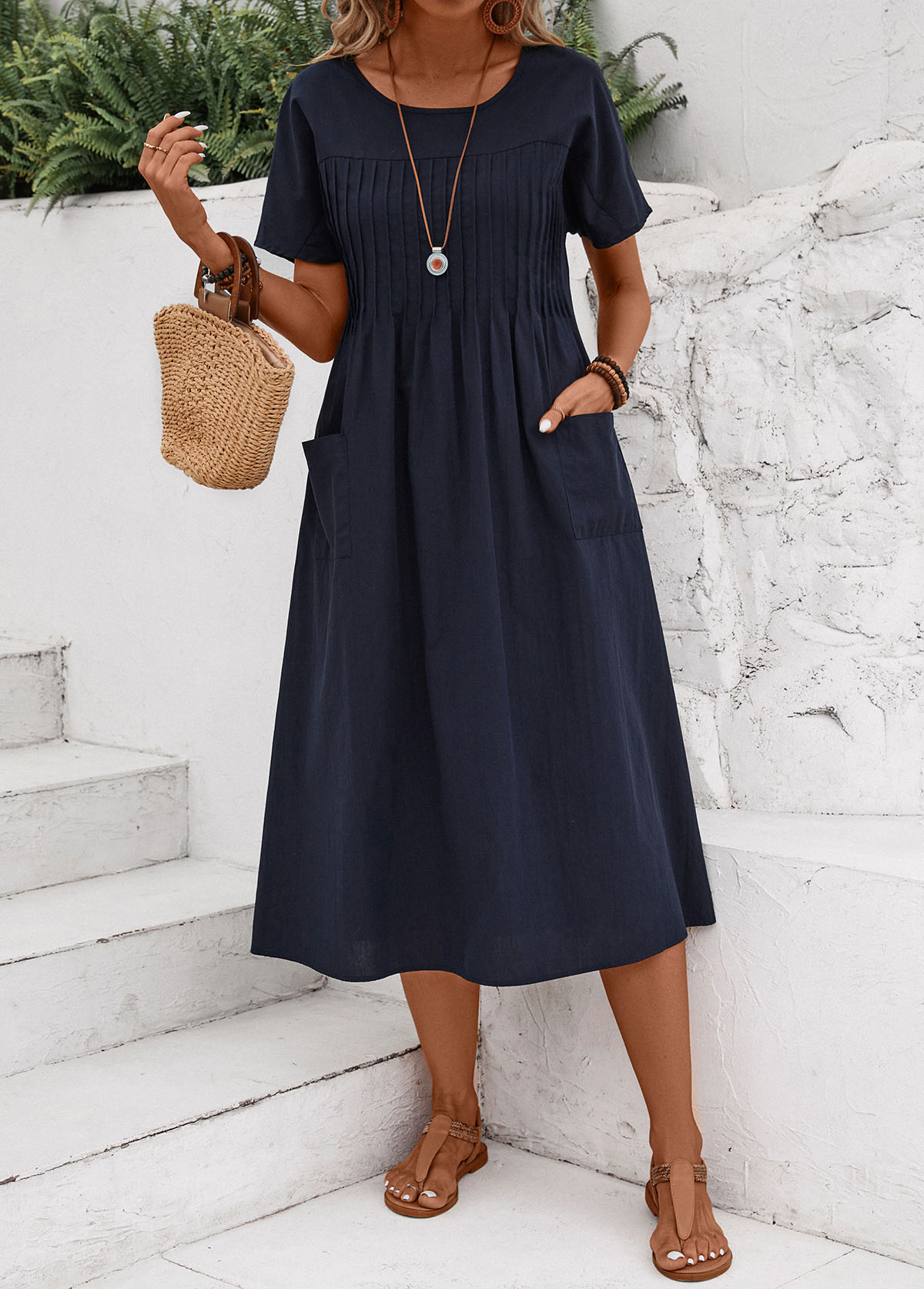 MODLILY DESIGN Navy Tuck Stitch Short Sleeve Round Neck Dress