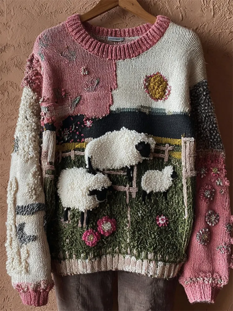Vintage Farm Sheep Floral Colorblock Patchwork Cozy Knit Sweater