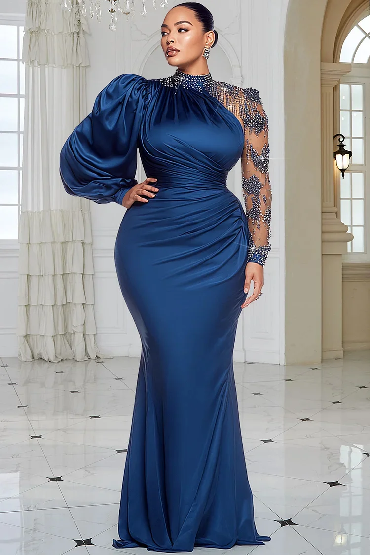 Xpluswear Design Plus Size Formal Blue Mock Neck Lantern Sleeve Long Sleeve Drilling Elegant See Through Tulle Satin Maxi Dresses 2024 - Xpluswear