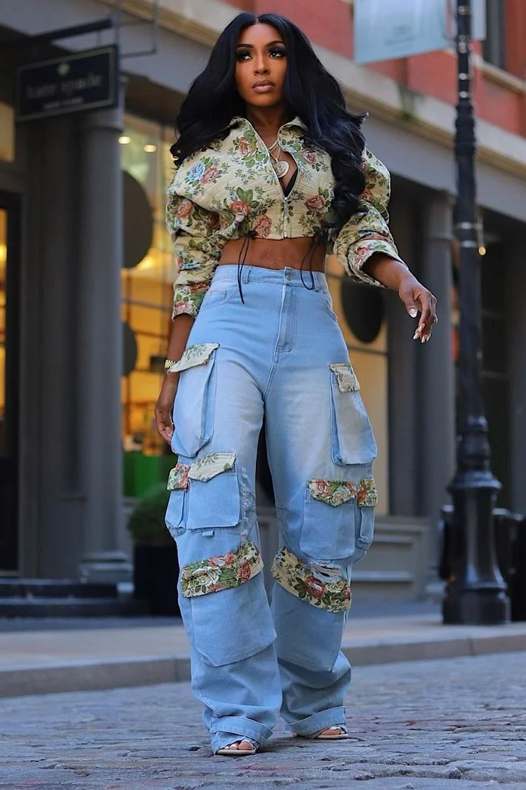 Floral Print Crop Blouse Pocket Washed Denim Pants 2pcs Set-Blue [Pre Order]