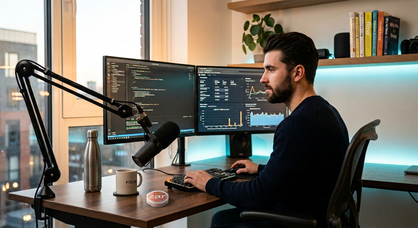 Neuro-hacker at desk using nicotine pouches for cognitive performance and focus optimization