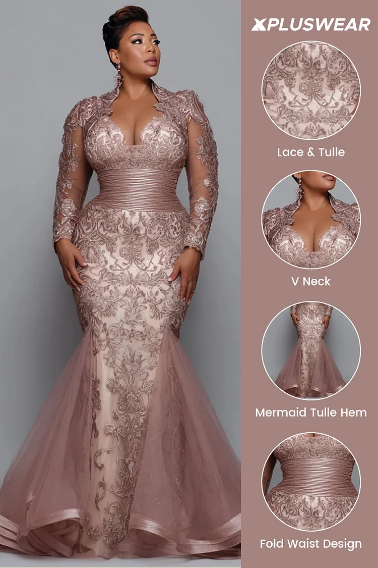 Xpluswear Design Plus Size Formal Pink V Neck Long Sleeve Mermaid Elegant See Through Tulle Lace Maxi Dresses [Pre-Order]