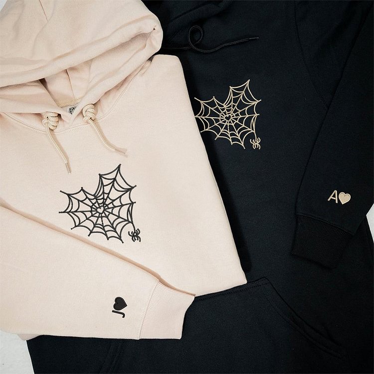 Embroidered Spiderweb Heart Couple Sweatshirt, Matching Couple Hoodie, Custom Spiderweb Heart Embroidery Shirt, Spiderweb Star Couple Shirt