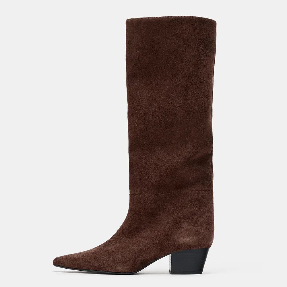 Brown Pointed Toe Block Heel Pull On Knee High Boots for Women