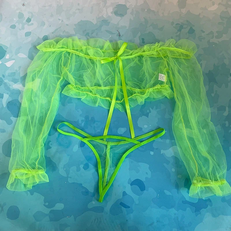 Ellolace Off Shoulder Sensual Lingerie Ruffled Transparent Exotic Costumes Long Sleeve Lace Hot Sexy Sissy Top Thong Breves Sets 708-2