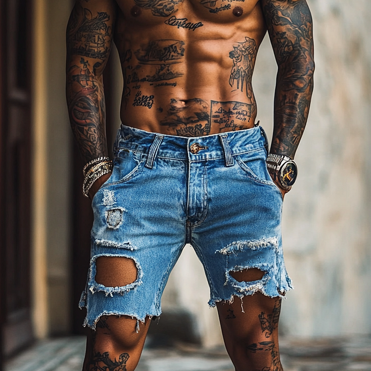 Men's Vintage Distressed Denim Shorts 