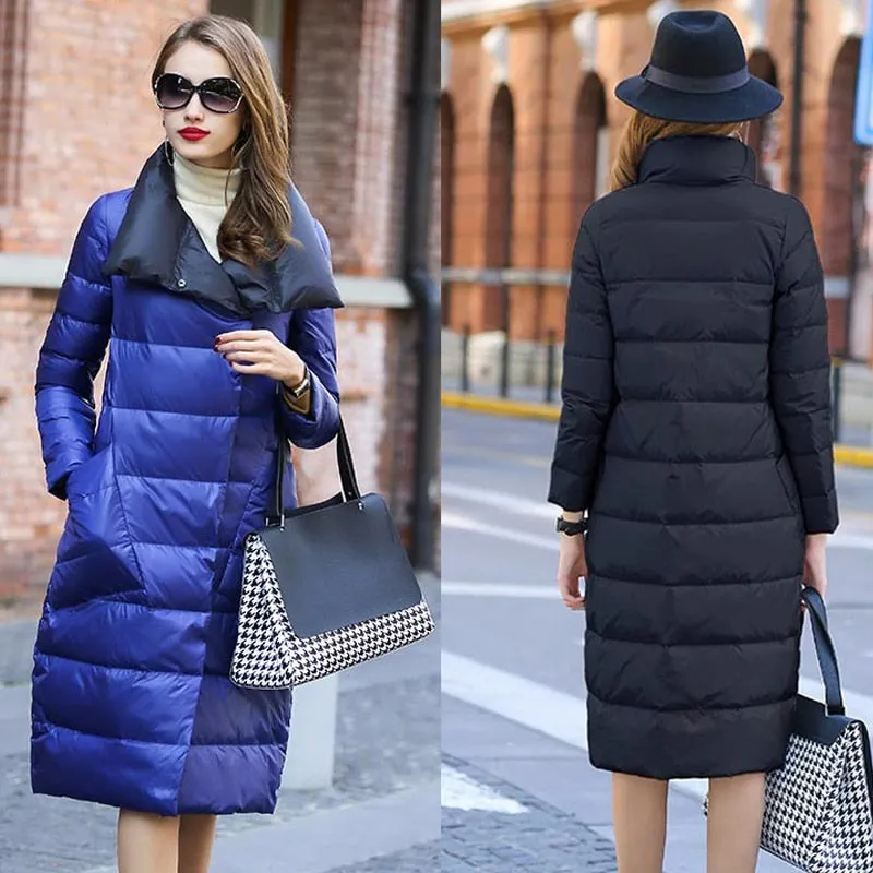 Ailegogo 2021 Duck Down Jacket Women Winter Long Thick Double Sided Plaid Coat Female Warm Down Parka For Women Slim Clothes