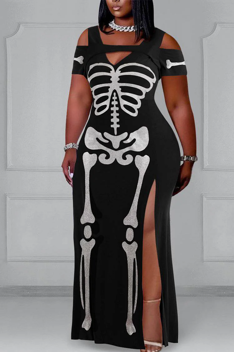 Xpluswear Plus Size Halloween Black Skeleton Print Cold Shoulder Split Maxi Dress