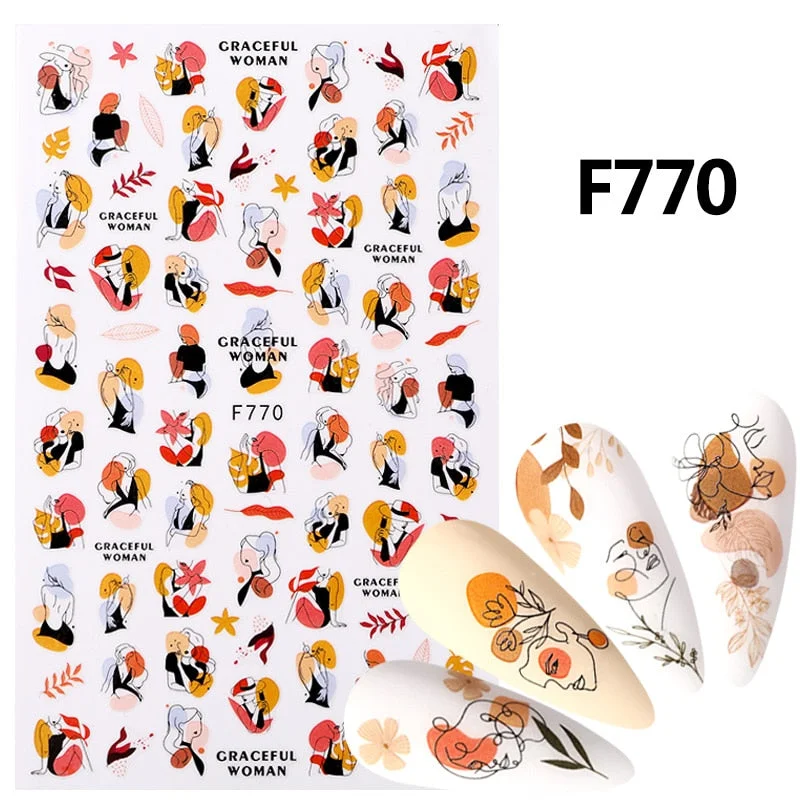 1PC 3D Nail Sticker Stick Figure Woman Face Pattern Special Transfer Picture Flowers Sliders Sticker DIY Nail Art Decoration