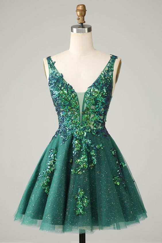 Miabel Dark Green V-Neck Embroidery Short Mini Homecoming Dress