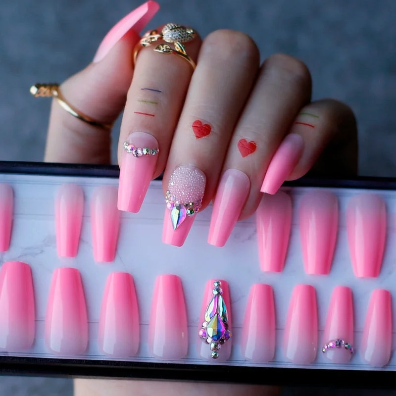 Middle length Coffin Ombre Pink Acrylic nails crystal DIY Style Art Fake nalis Tips Press on nails Cute girlfriend gift box set-Nail Inspo