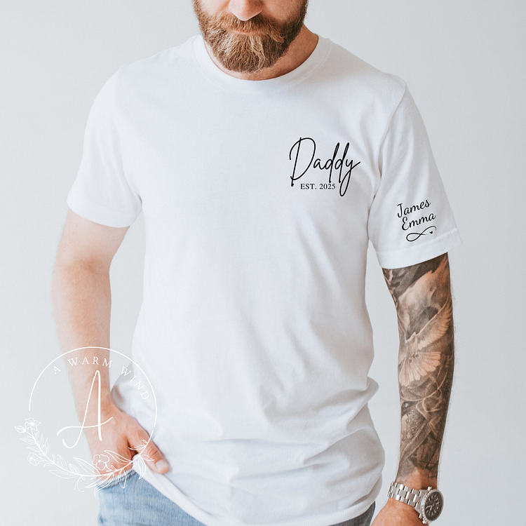 Personalized Daddy T Shirt With Kids Names On Sleeve, New Dad Gift,Father's Day Gift