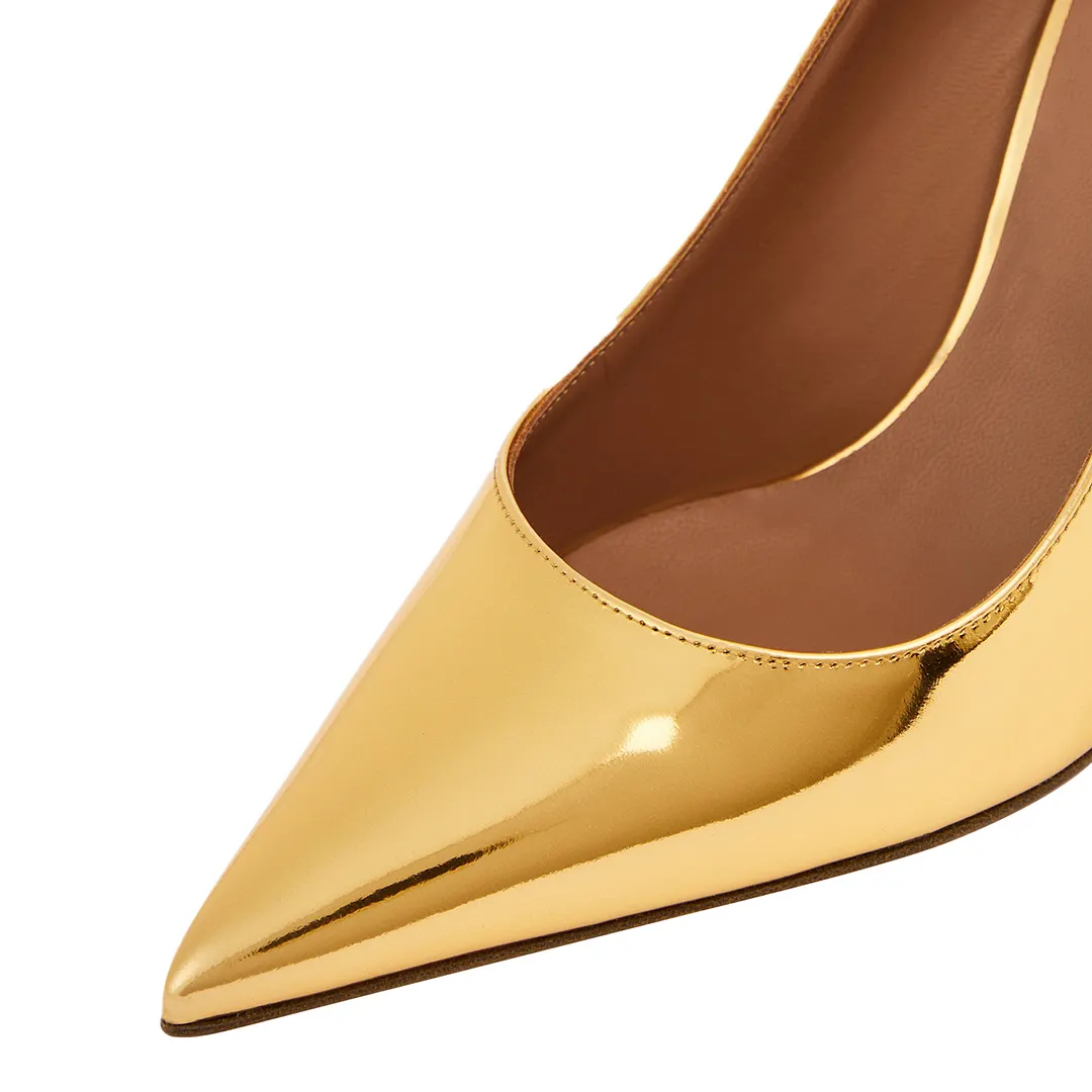 Gold Metallic Touch Flared Heel Bridal Pumps for Elegant Ladies