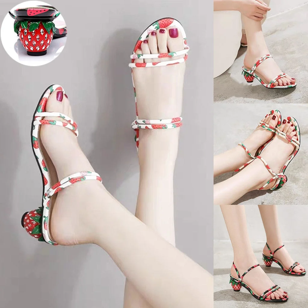 Fashion Women's Ladies Strawberry Printed Beach Party Shoes Summer Open Toe Low Heel Slip-on Crystal Slippers Sandals Shoes#G3