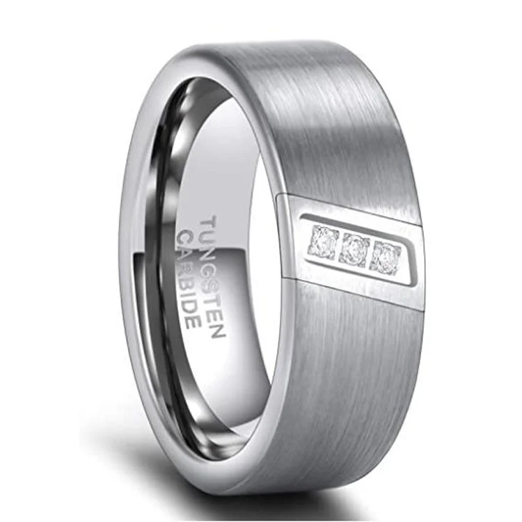 8MM Silver/Blue Flat Tungsten Carbide Wedding Bands with CZ Stone Inlay for Men Women Channel