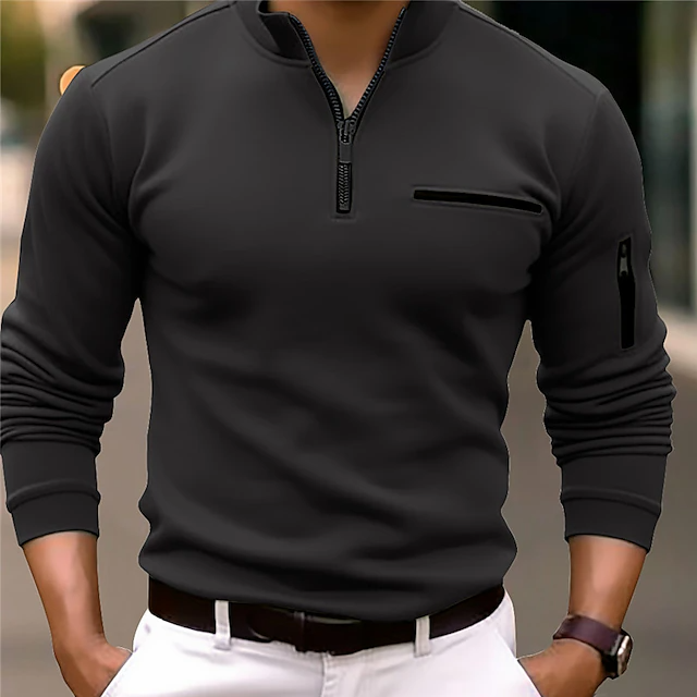 Sportief poloshirt met lange mouwen en rits, effen kleur en staande kraag