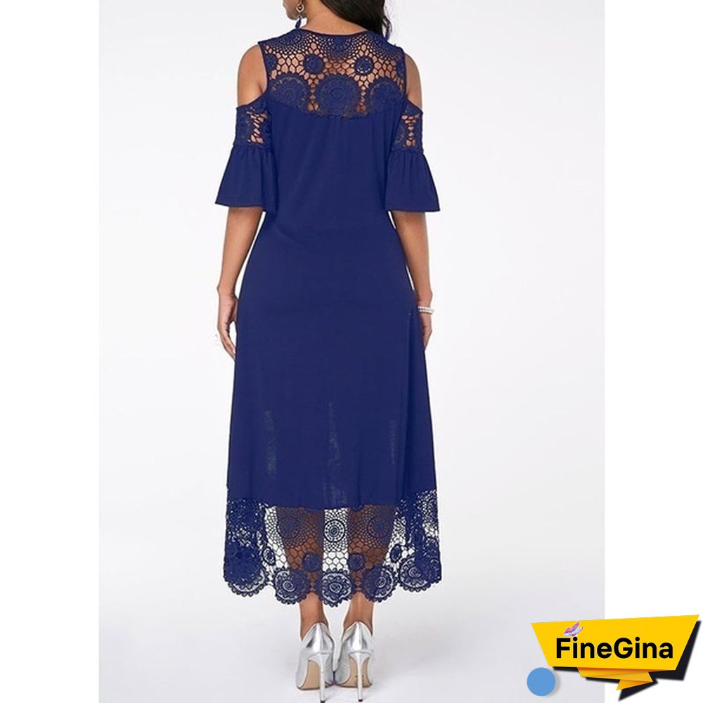New Fashion Women Elegant Crochet Lace Cold Shoulder Long Dress Party Casual Dress Plus Size