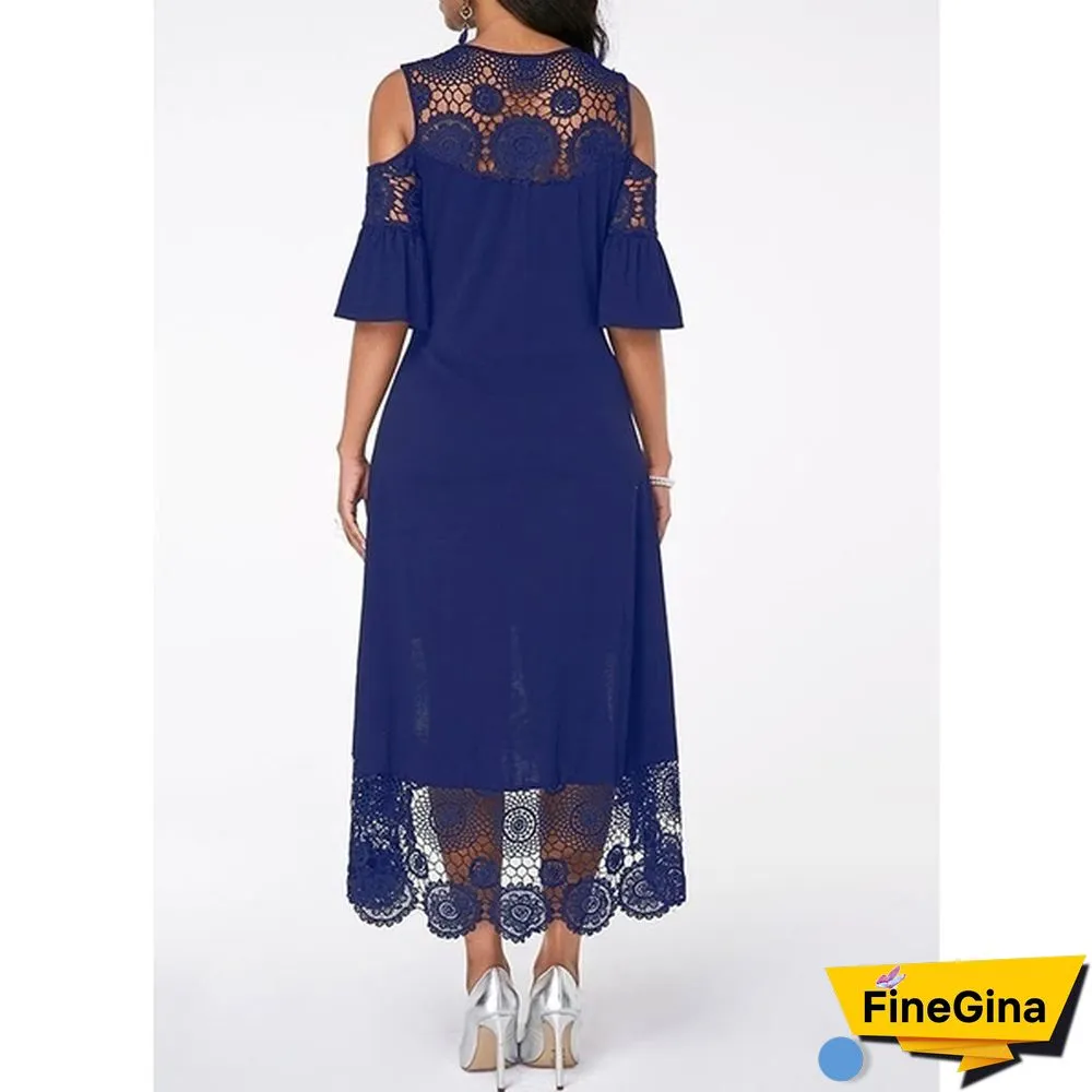 New Fashion Women Elegant Crochet Lace Cold Shoulder Long Dress Party Casual Dress Plus Size
