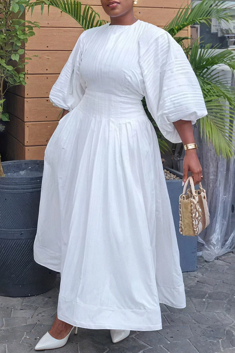 Plus Size Business Casual White Round Neck Lantern Sleeve 3/4 Sleeve Pocket Elegant Pleated Maxi Dresses [Pre-Order]