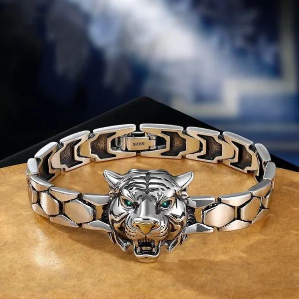 Sterling Silver Tiger Head Chain Bracelet
