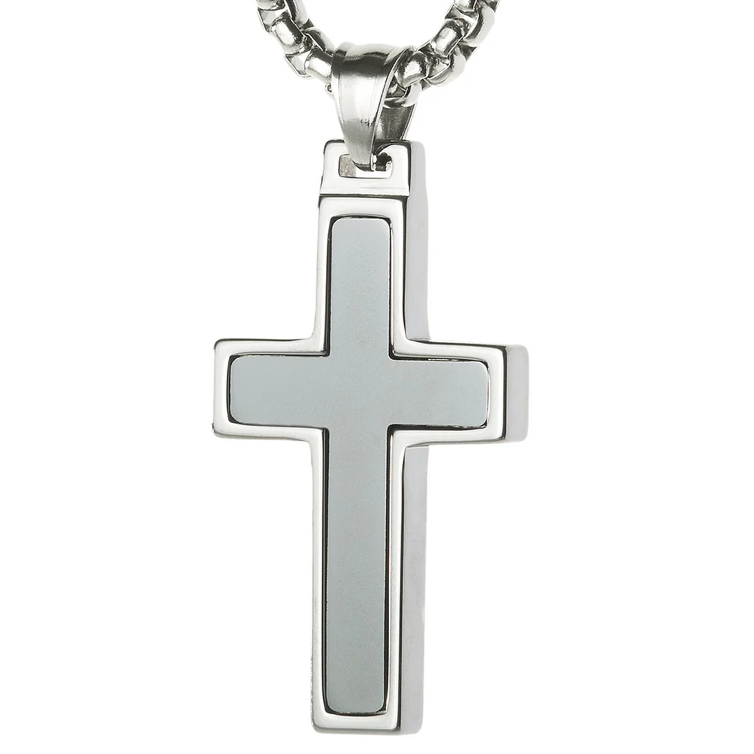 Women's Or Men's Unique Hematite Inlay Tungsten Cross Pendant Necklace Jewelry Gifts For Mens And Womens