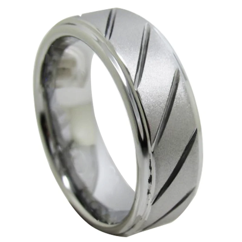 6MM 8MM Couples Tungsten Carbide Step Surface Sandblasted With 12 Chutes Sliver Wedding Rings