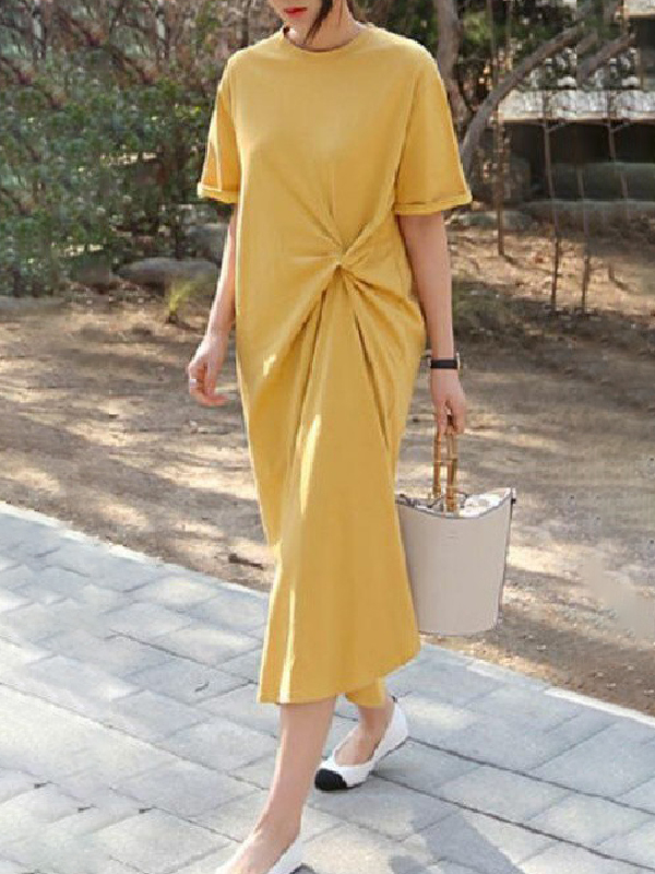 Solid Color Irregular Pleats Midi Dress - Stylish and Chic