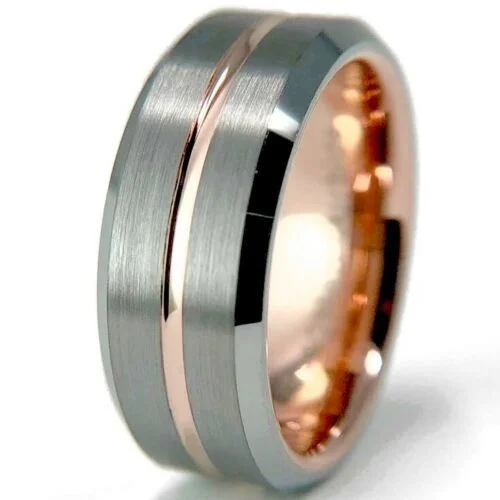 6MM 8MM Women's Or Men's Tungsten Carbide Wedding Matching Rings Gray Silver Top with Rose Gold Groove Center and Inside