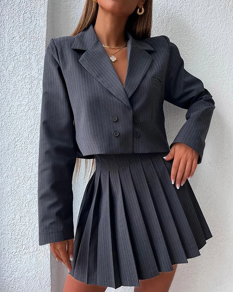 Fashionable Striped Short Suit & High-waisted Pleated Skirt Two-piece Set