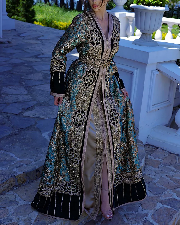 Women's V-Neck Long Sleeve Embroidered Kaftan Dress