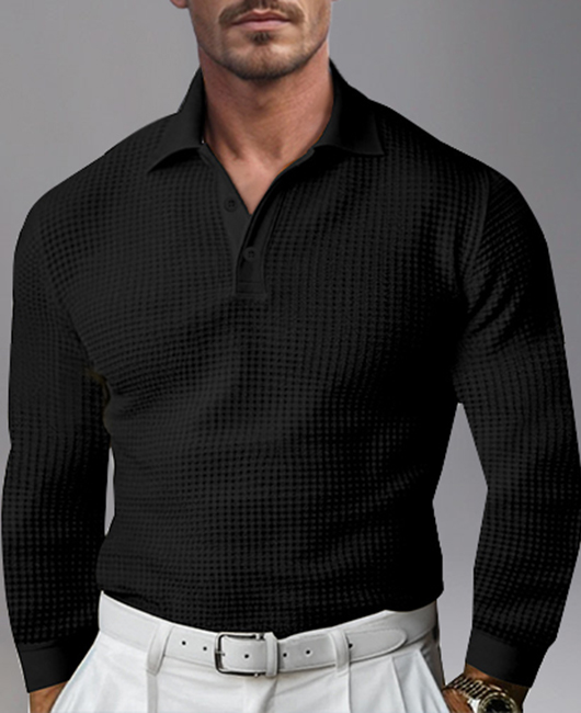 Business Waffle Turndown Collar Button Long Sleeve Polo Shirt