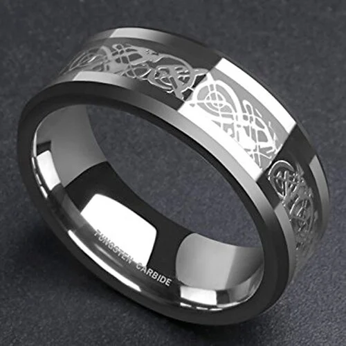 6MM 8MM Women Or Men's Celtic Dragon Knot Tungsten Carbide Wedding Rings with Silver and Black Resin Inlay