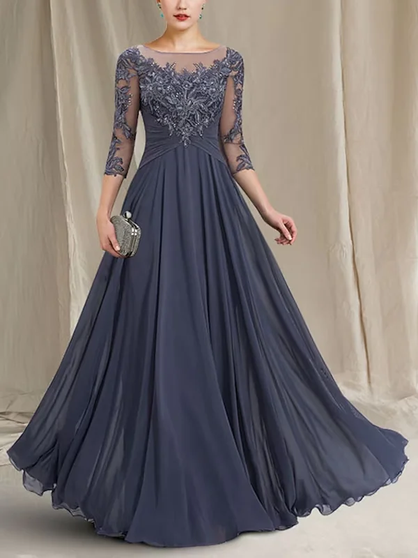  Chiffon Lace 3/4 Sleeve Maxi Dress