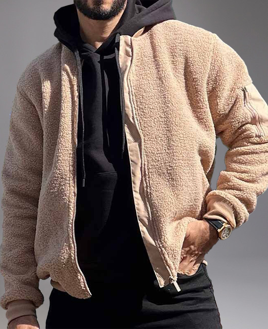 Casual Stand Collar Zipper Long Sleeve Warm Plush Jacket