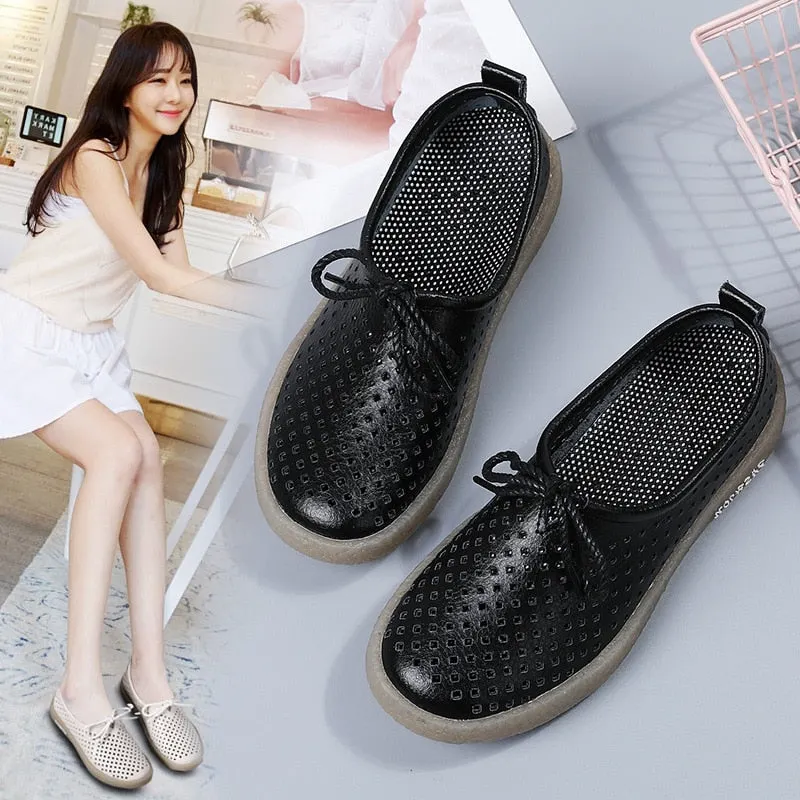 GKTINOO New Breathable Genuine Leather Summer Shoes Woman Flats Hollow Comfortable Ladies White Loafers Soft Casual Shoes