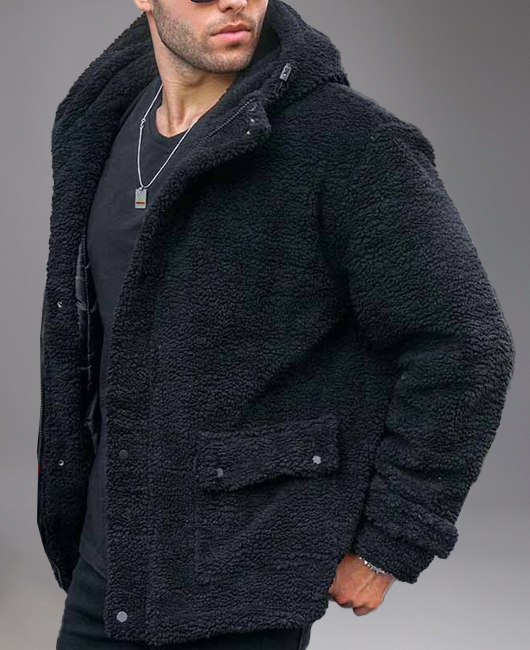 Casual Solid Flap Pocket Polar Fleece Hooded Jacket