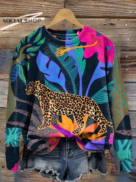 Women's Animal Leopard Floral Print Long Sleeve Crewneck Sweatshirt socialshop