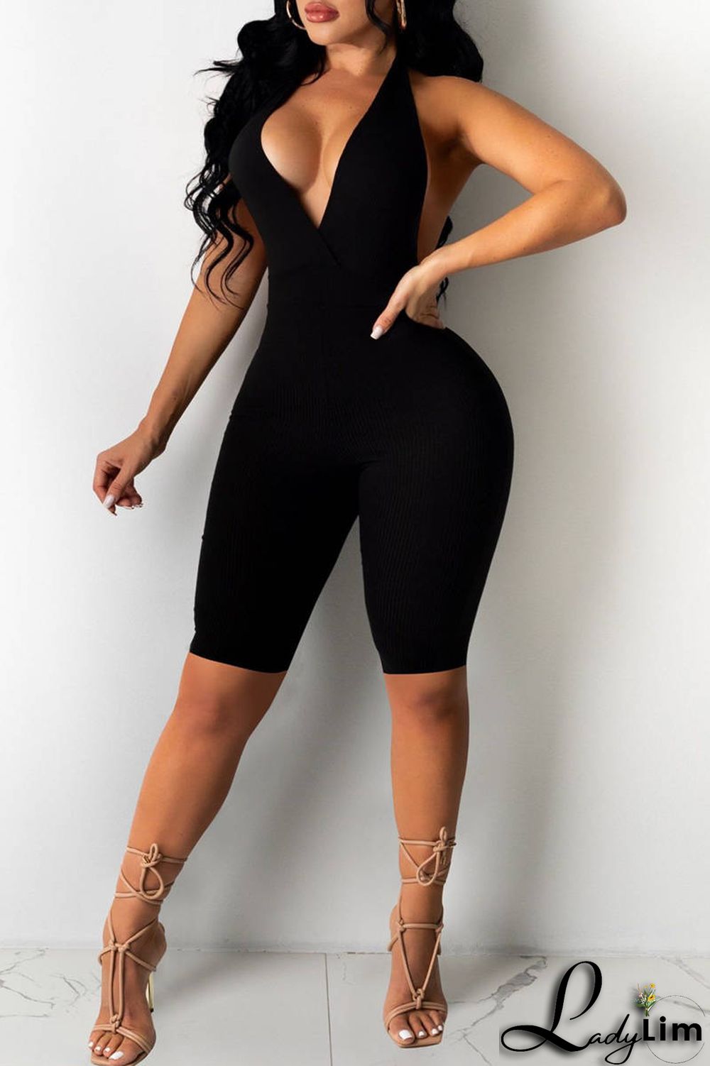 Blue Sexy Casual Solid Backless Halter Skinny Romper