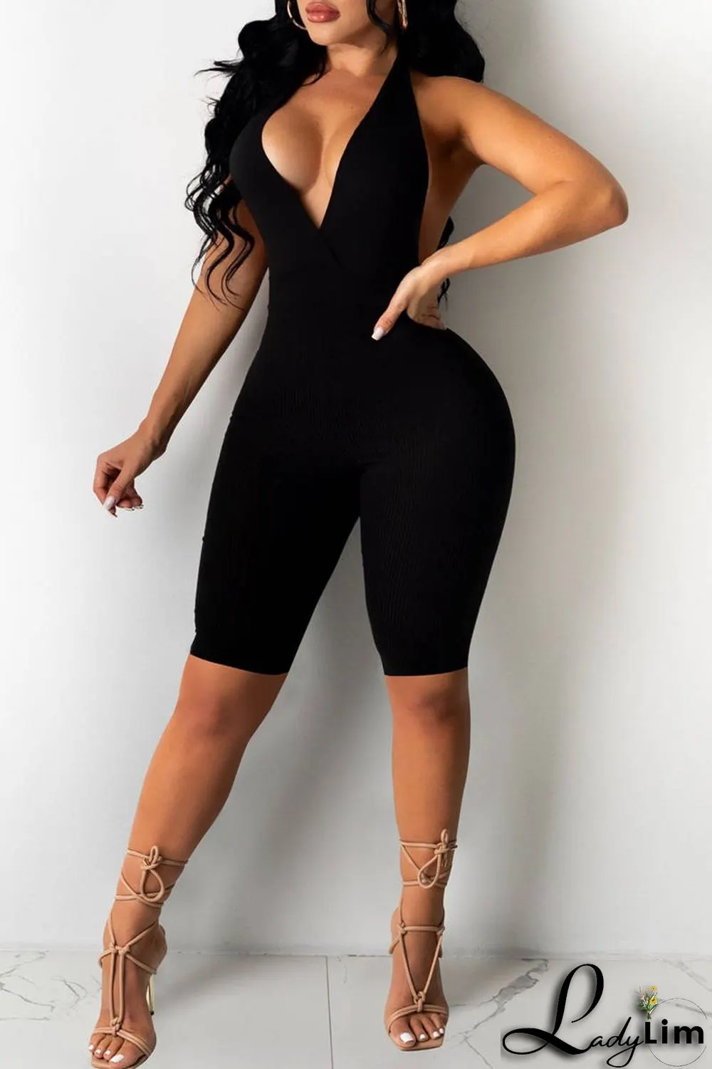 Blue Sexy Casual Solid Backless Halter Skinny Romper