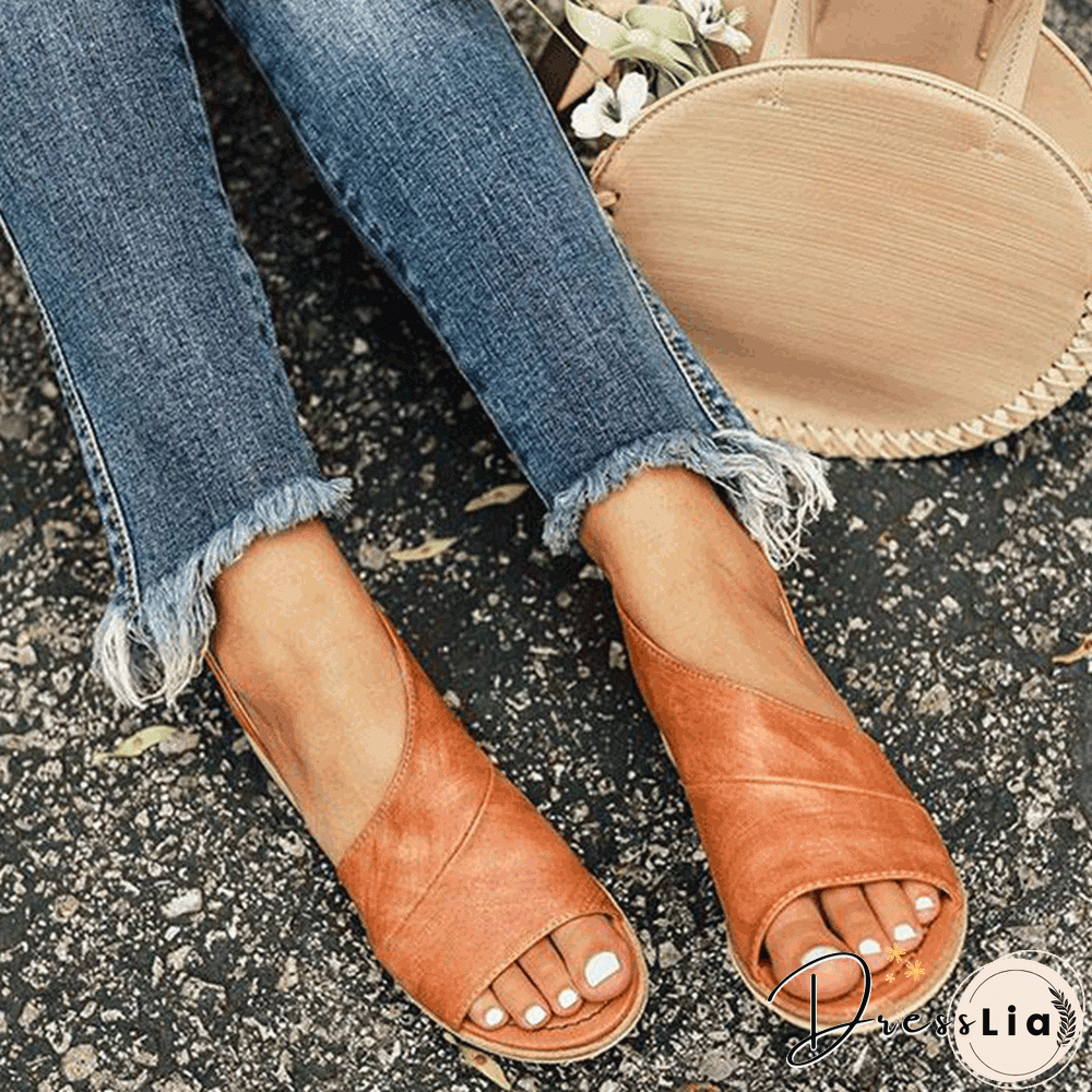 Women Peep Toe Side-cut Style Stacked Heel Flat Sandals