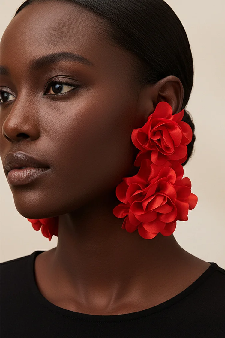 Fashion Red Satin Floral Shaped Long Earrings