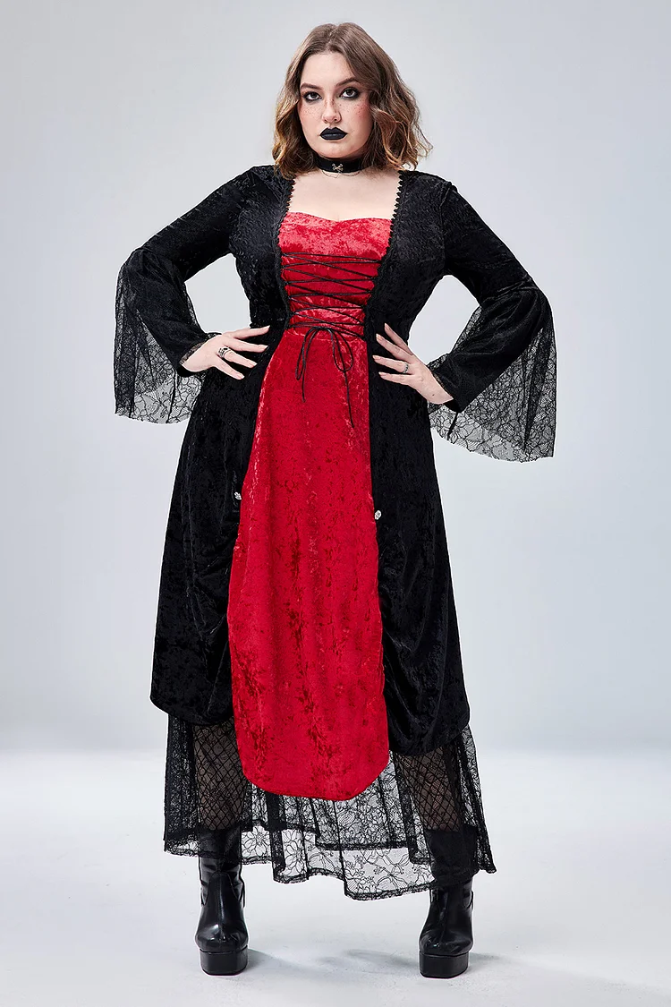 Xpluswear Design Plus Size Halloween Costume Black Velvet Cosplay Gothic Lace Up Trumpet Sleeve Maxi Dress [Pre-Order]