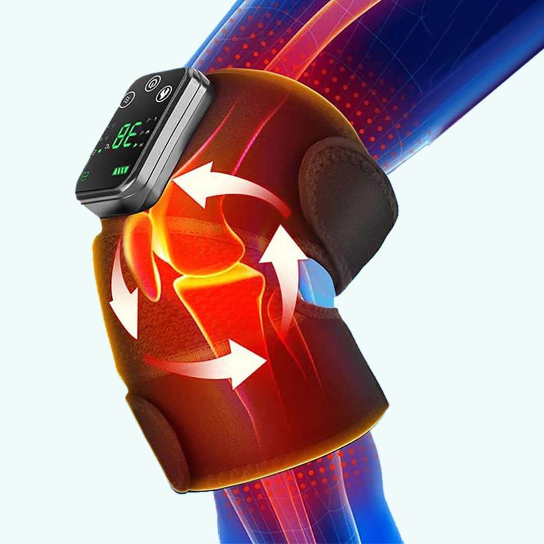 An illustration showing an elbow brace with heat therapy and a smartwatch displaying health data.