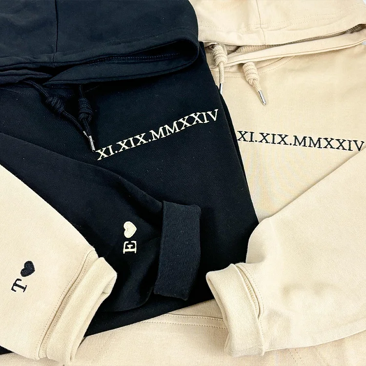 Embroidered Couple Hoodies gift, Roman Numerals Embroidered On The Left Chest, Valentine's Day Gifts, Anniversary gift