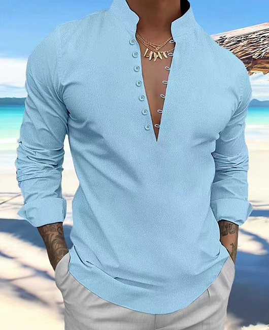 Stand Collar Buttons Decor Pure Long Sleeve Shirt