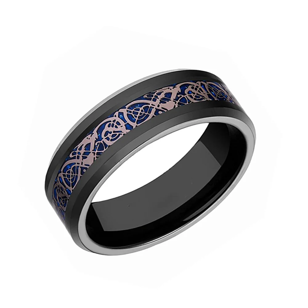 6MM 8MM Men's Tungsten Carbide Rings Blue Carbon Fiber Rose Gold Dragon Pattern Inlay